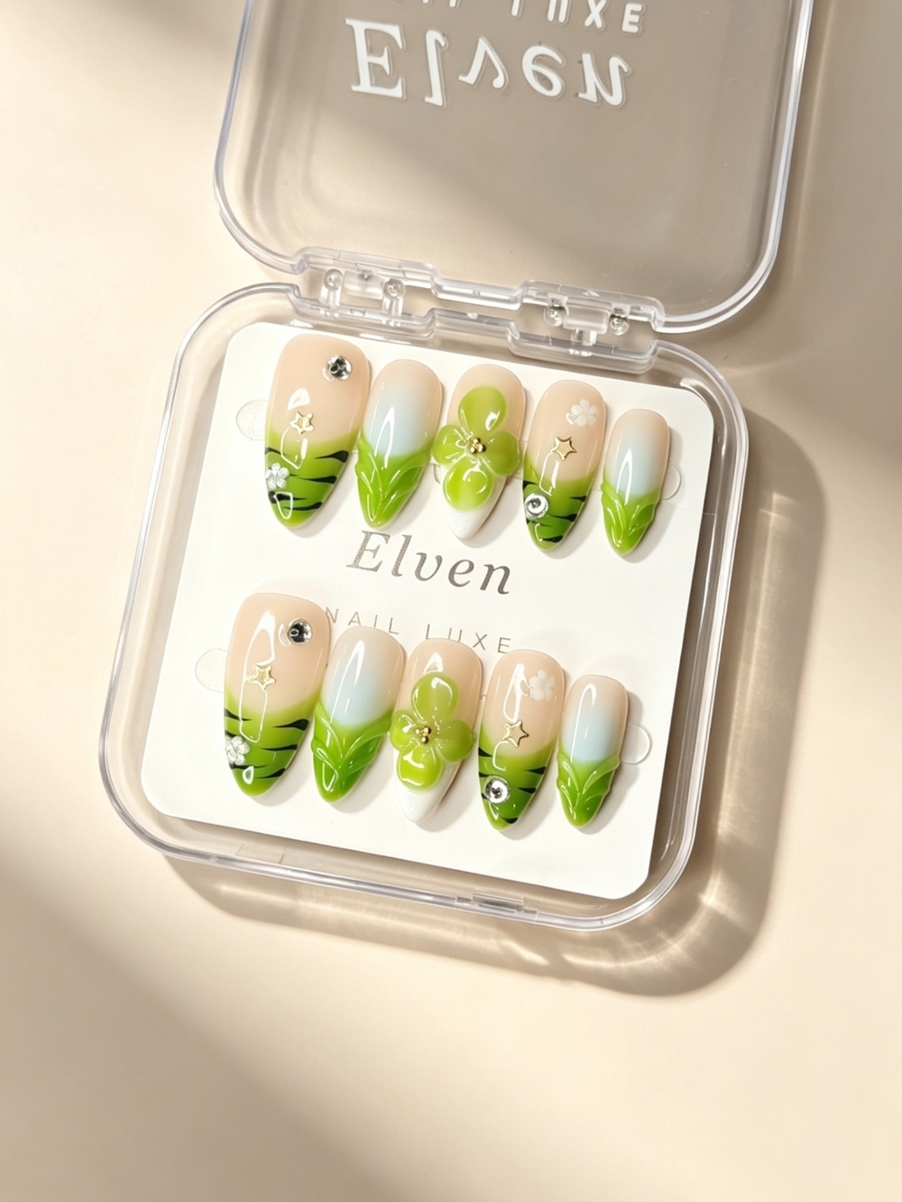 Elven Green and Zebra Almond Shape Handmade Press On Nails Set
